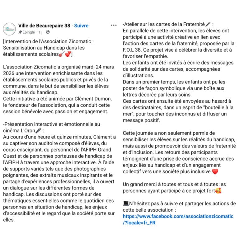 Lire la suite à propos de l’article Intervention de l&rsquo;association Zicomatic: sensibilisation au Handicap dans les établissements scolaires